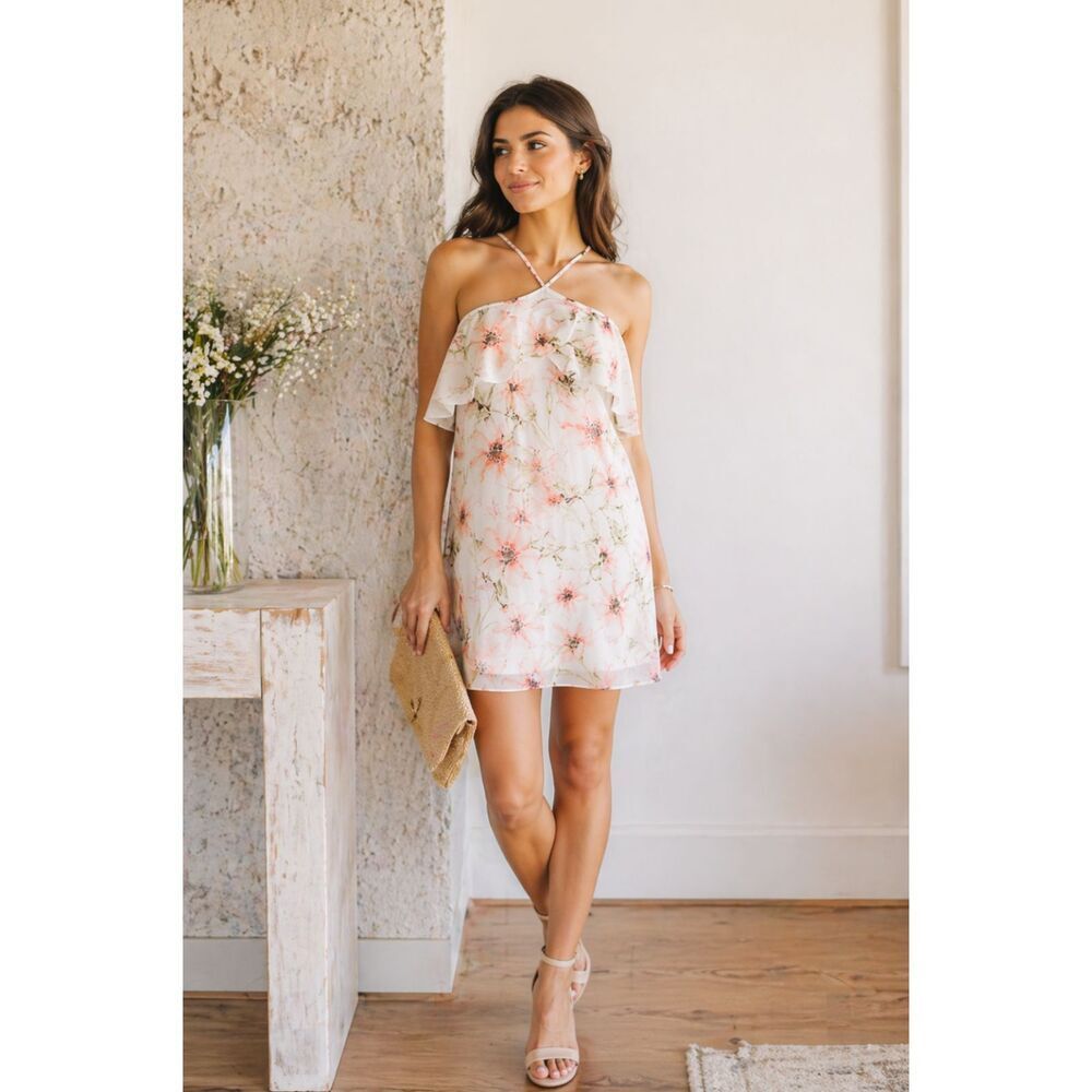 Haute Hippie Ashbury Floral Ruffle Halter Dress Silk Shift Mini NWT M